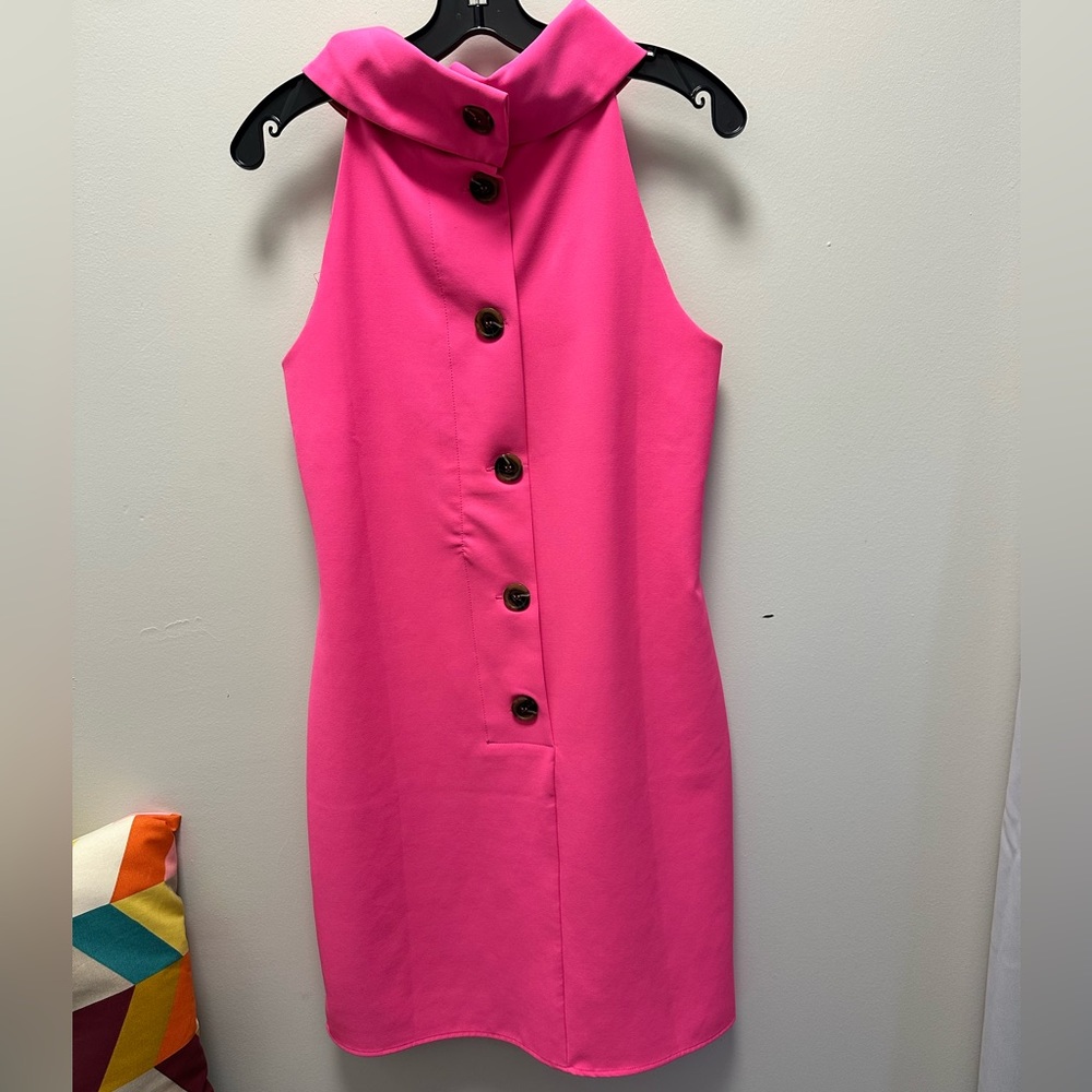 STS hot pink button up halter midi dress size M